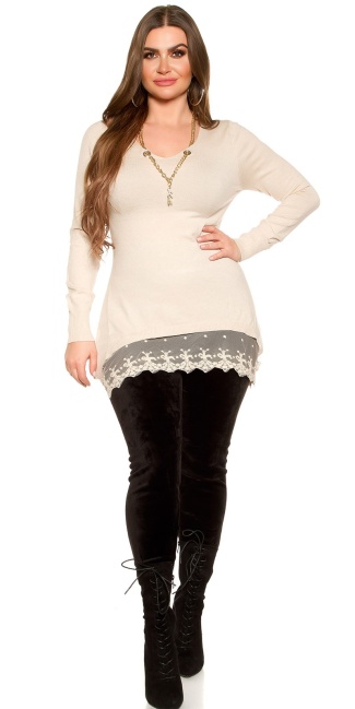 CurvyGirlsSize! pullover with chain & lace Beige